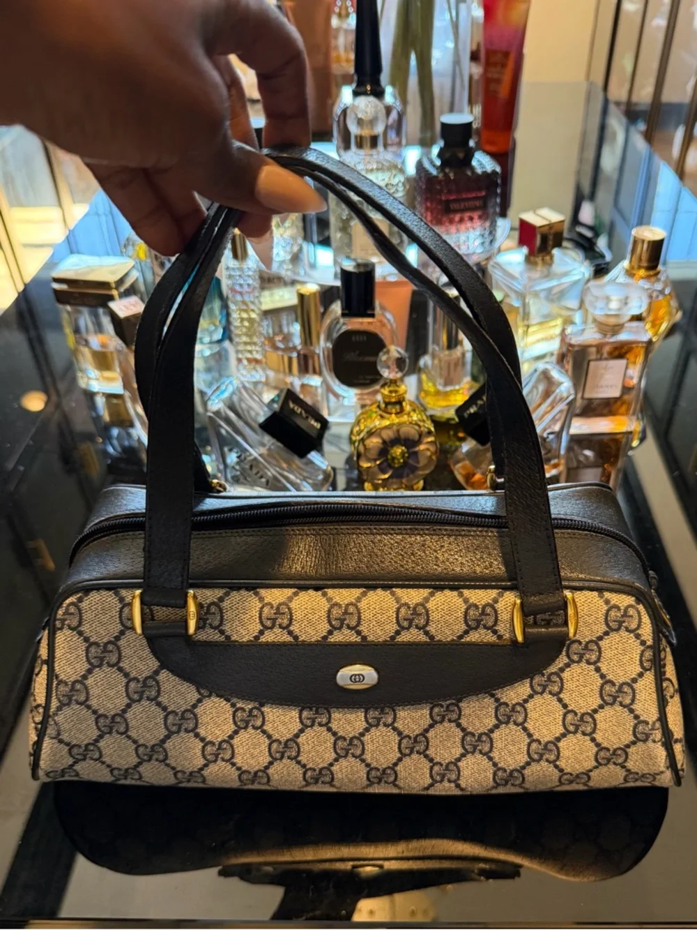 Rare Find Vintage Gucci Blue/Gray GG Top-Handle Bag with Blue Trim - Picture 2 of 7